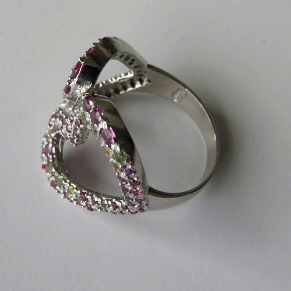 Double Heart Rhodolite Garnet Peridot Gemstone 925 Sterling Silver Ring Size 9 - Picture 13 of 15